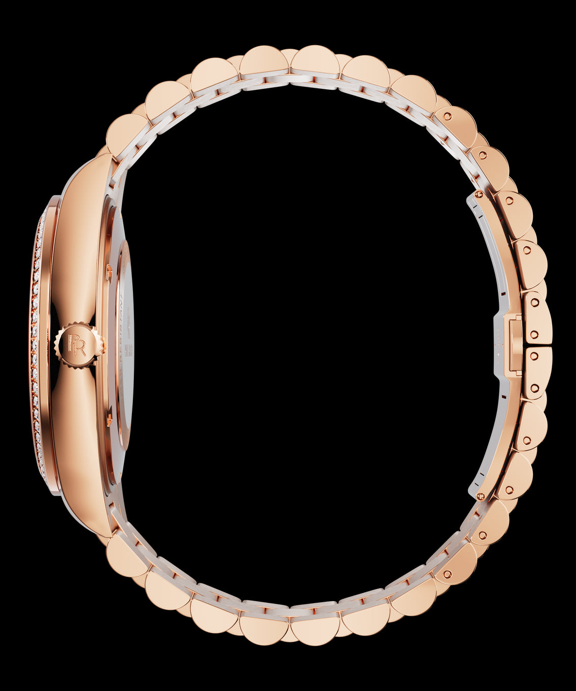 Side view of a rose-gold watch with a gem-set bezel, rose-gold crown engraved with the PR logo, and a full rose-gold bracelet.