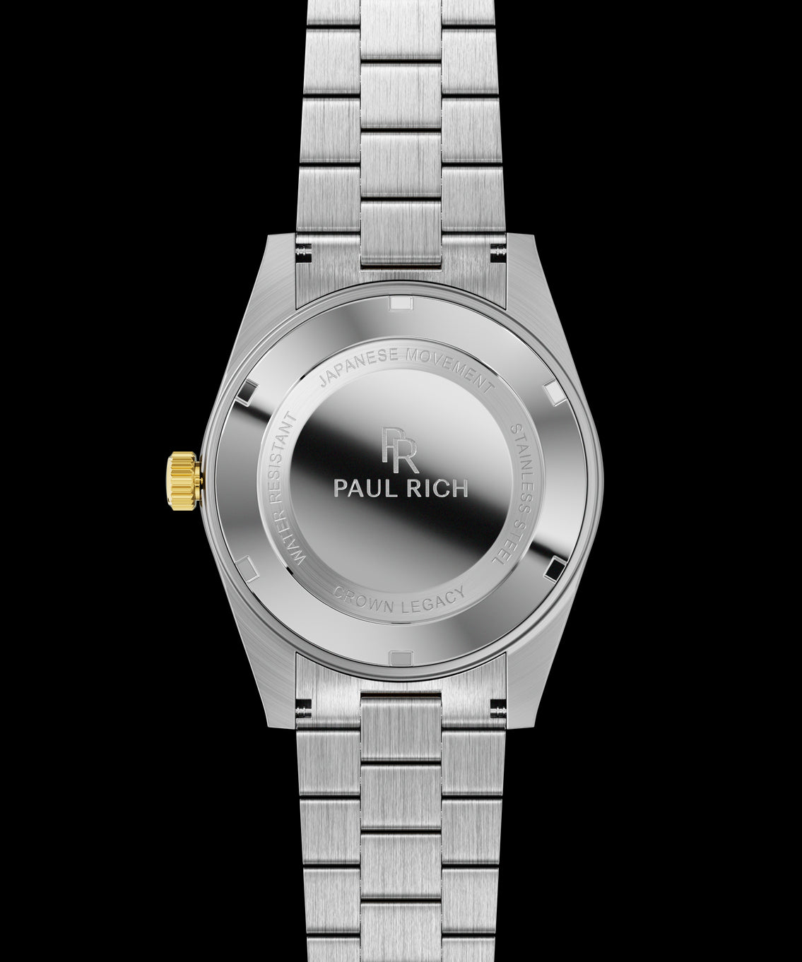 Stainless-steel watch case back with engraved text and logo, brushed bracelet links, and a gold crown.