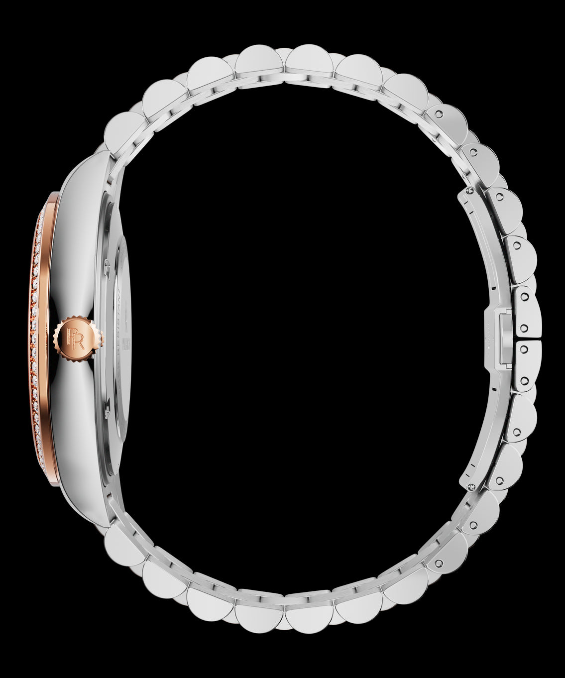 Side view of a silver watch with a rose-gold crown and gem-set bezel, showing the slim case profile and full stainless-steel bracelet.