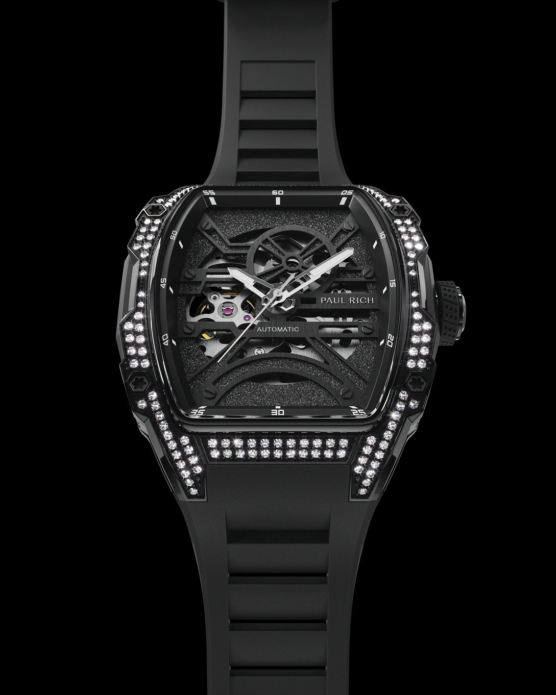 Angled view of black skeleton watch with diamond-set case and black strap, showing exposed movement on white background.