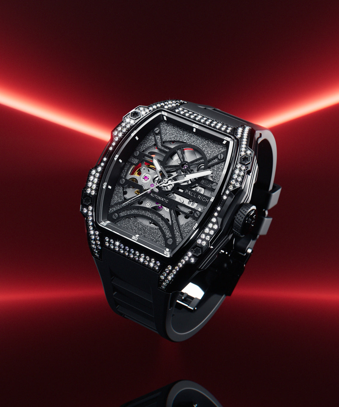 Black open dial watch with diamond-set case and strap, shown floating against a red gradient background with glowing light beams.