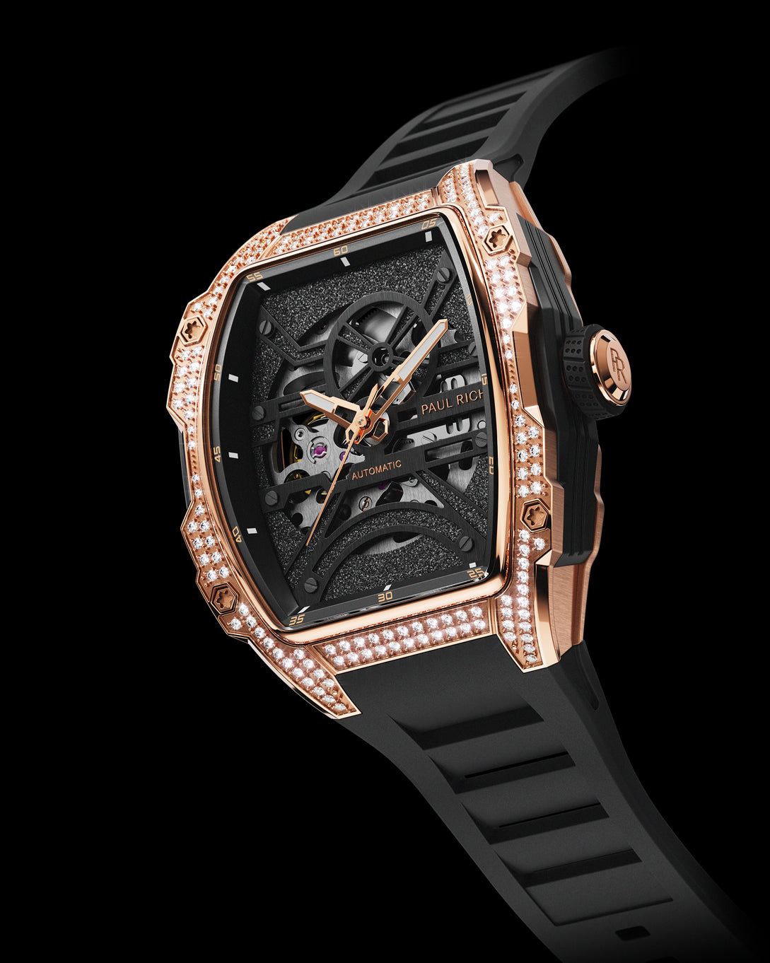 Angled view of luxury skeleton watch with rose gold diamond case, black dial, and black strap on white background.