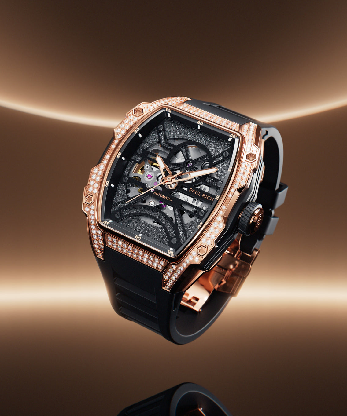 Luxury open dial watch with diamond-set rose gold case and black strap, shown floating against a glowing bronze gradient background.