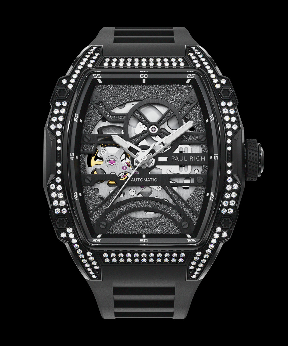 Front view of black open dial watch with silver automatic movement, black strap, and diamond-set case on white background.