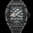 Front view of black open dial watch with silver automatic movement, black strap, and diamond-set case on white background.