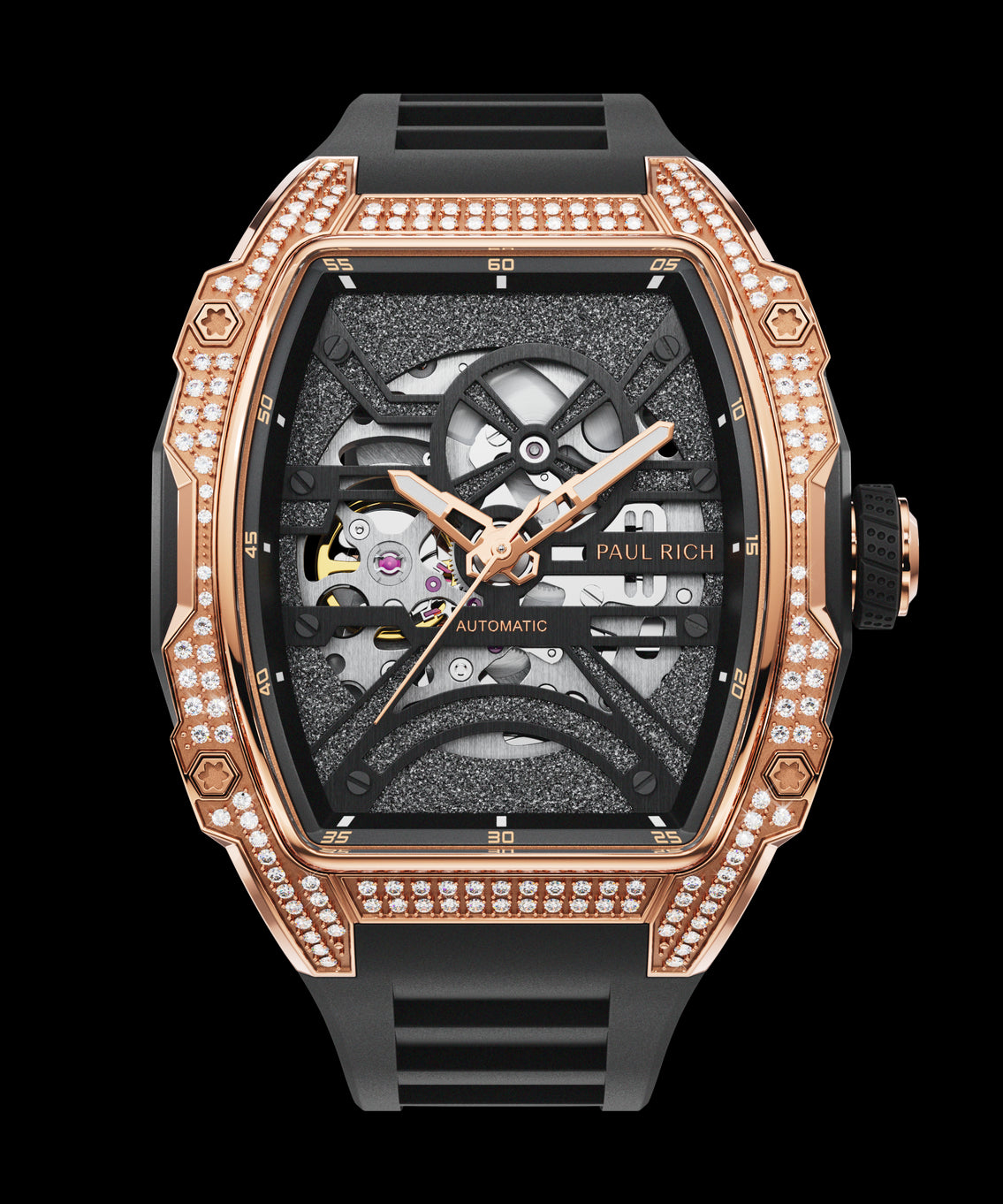 Front view of open dial watch with diamond-set rose gold case and black strap on white background.