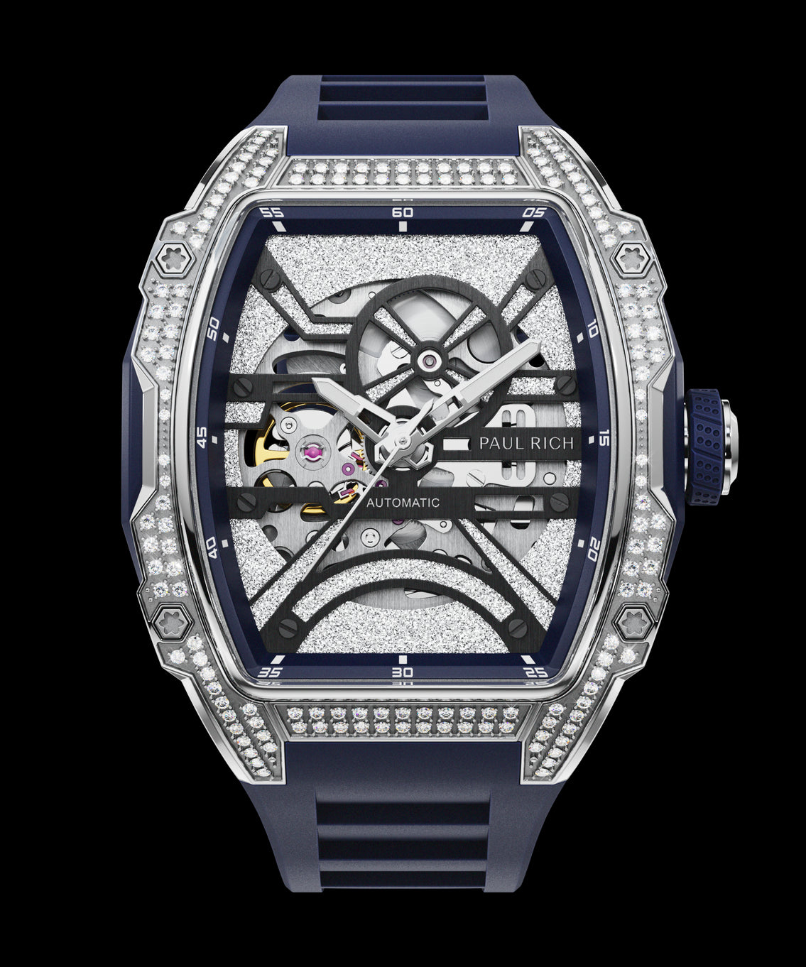 Close-up front view of open dial watch with diamond-set silver case and navy blue strap, shown on transparent background.