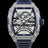 Close-up front view of open dial watch with diamond-set silver case and navy blue strap, shown on transparent background.