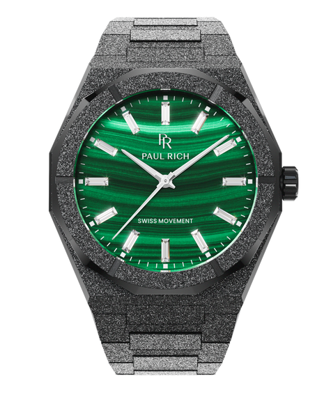 Black Malachite Aurora watch with a green malachite dial and frosted case, front view