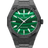 Black Malachite Aurora watch with a green malachite dial and frosted case, front view