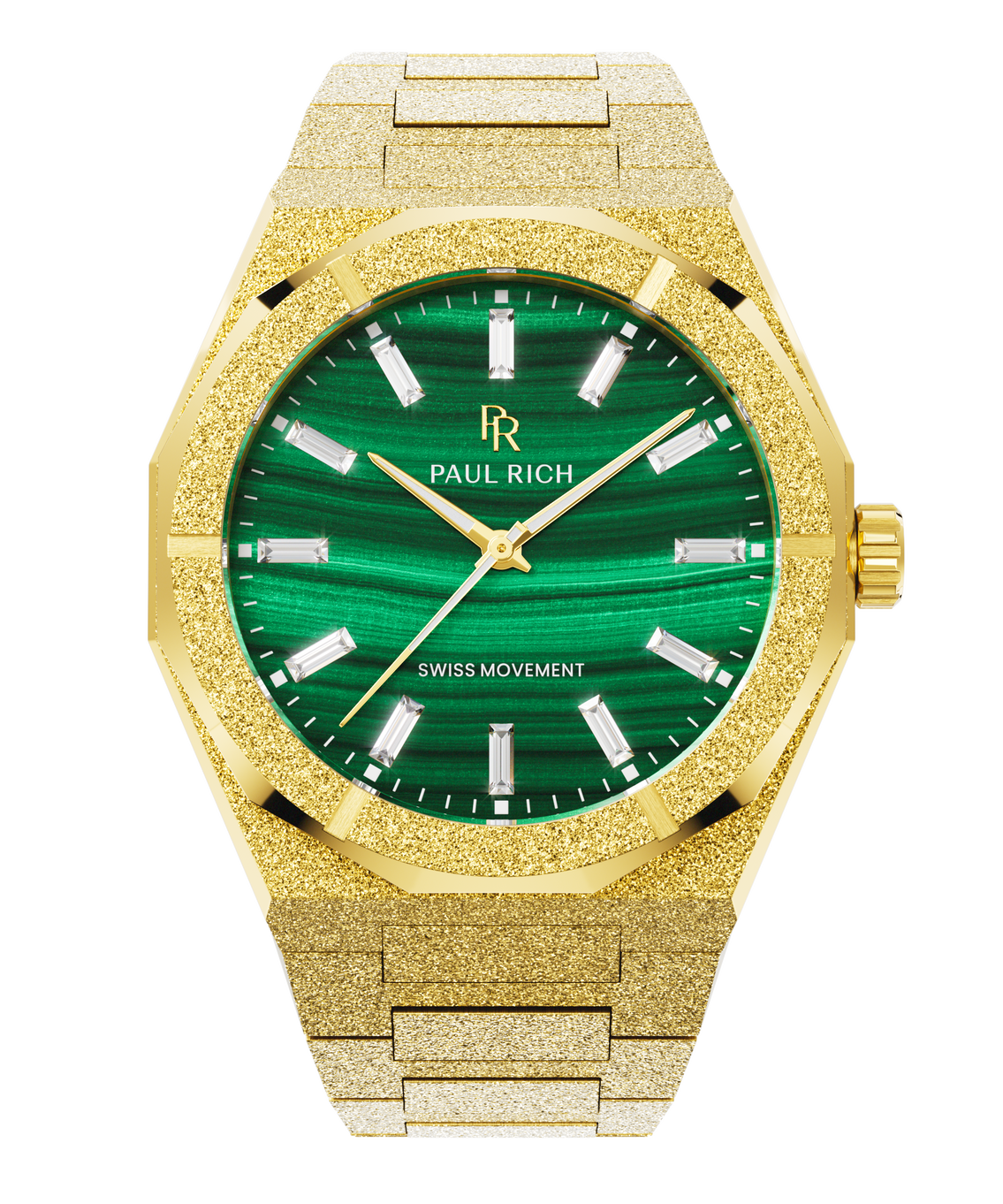 Gold-tone Malachite Aurora watch with a green malachite dial and frosted case, front view