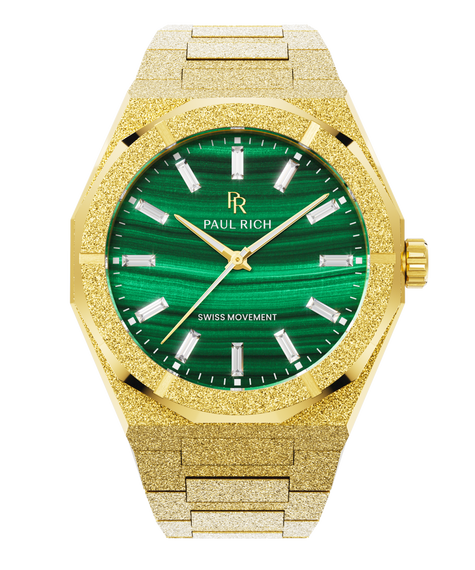 Gold-tone Malachite Aurora watch with a green malachite dial and frosted case, front view