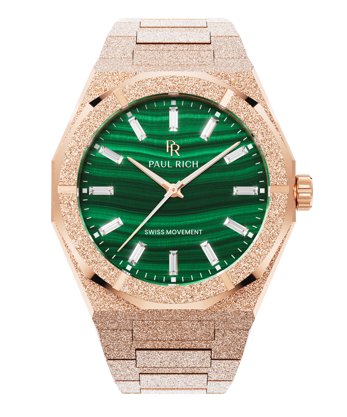 Rose-gold-tone Malachite Aurora watch with a green malachite dial and frosted case, front view