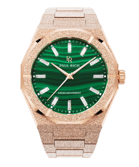 Rose-gold-tone Malachite Aurora watch with a green malachite dial and frosted case, front view