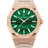 Rose-gold-tone Malachite Aurora watch with a green malachite dial and frosted case, front view