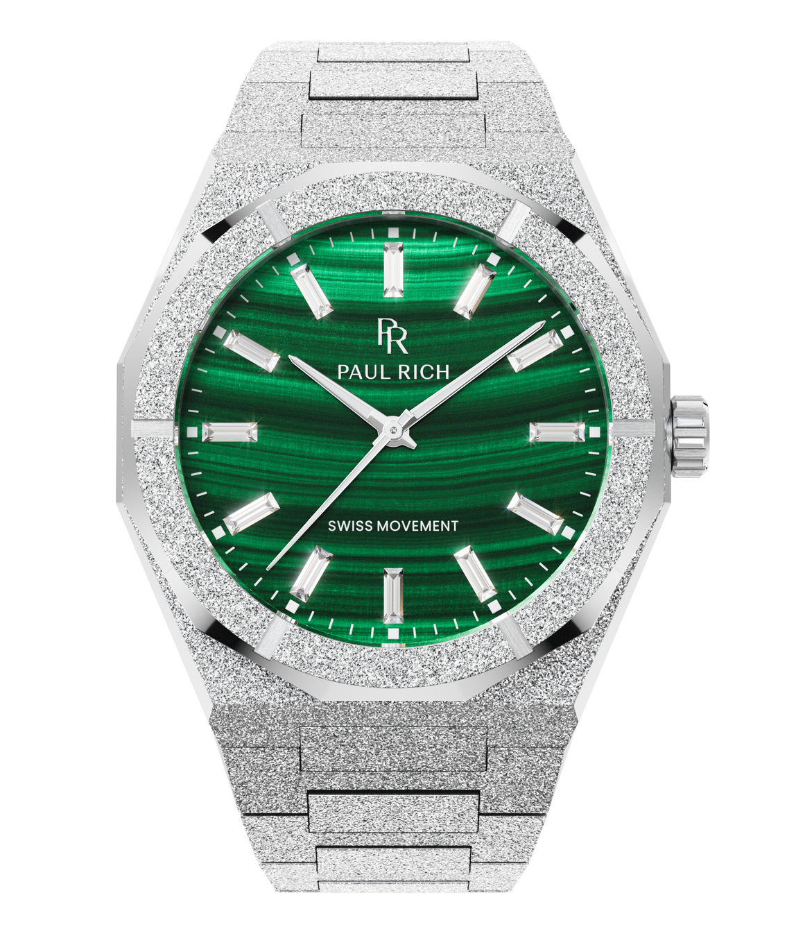 Silver Malachite Aurora watch with a green malachite dial and frosted case, front view