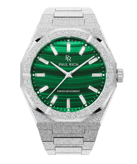 Silver Malachite Aurora watch with a green malachite dial and frosted case, front view
