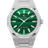 Silver Malachite Aurora watch with a green malachite dial and frosted case, front view