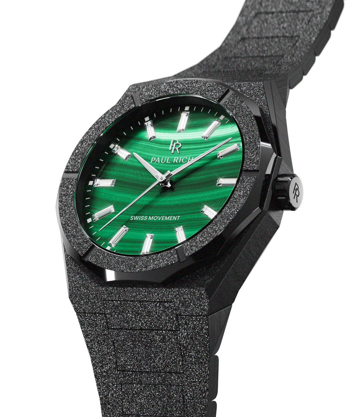 Angled view of a black Malachite Aurora watch with a green malachite dial and frosted case