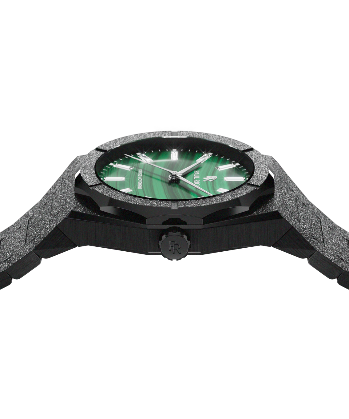 Side profile of a black Malachite Aurora watch showing its case, crown and green dial