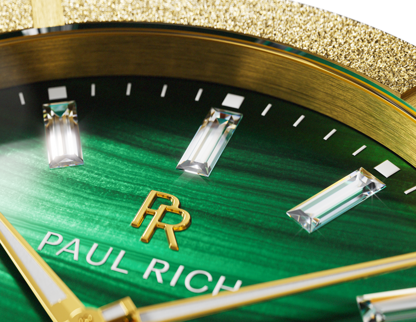 Macro of a banded green Malachite Aurora dial with baguette markers and gold-tone frosted bezel