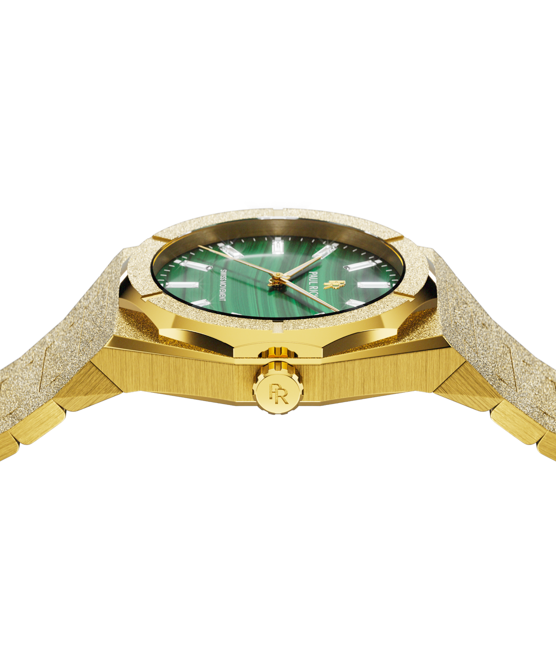 Side profile of a gold-tone Malachite Aurora watch showing its case, crown and green dial