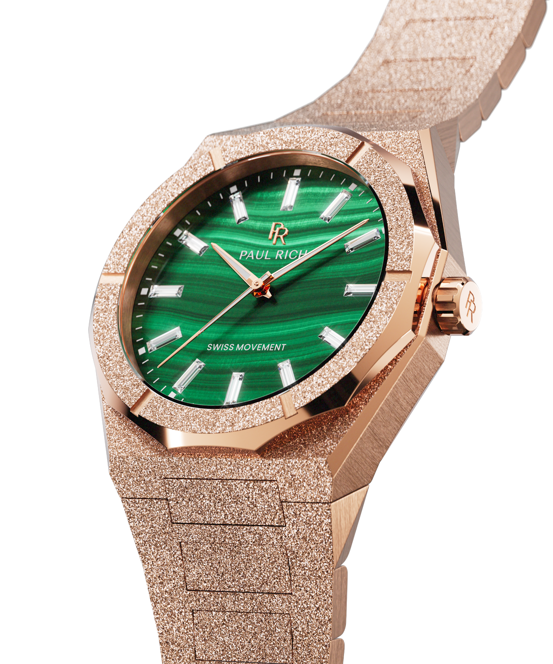 Angled view of a rose-gold-tone Malachite Aurora watch with a green malachite dial and frosted case