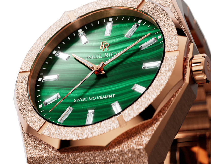 Close-up of a rose-gold-tone Malachite Aurora watch showing its banded green dial and frosted case