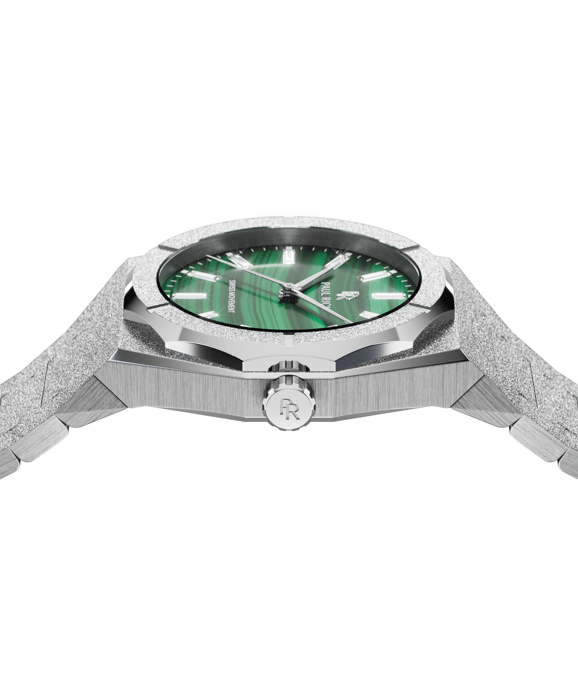 Side profile of a silver Malachite Aurora watch showing its case, crown and green dial