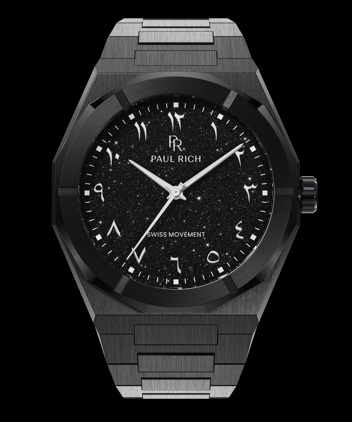 Black watch with brushed case, black aventurine dial, and Arabic numerals, displayed on a transparent background.