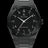 Black watch with brushed case, black aventurine dial, and Arabic numerals, displayed on a transparent background.