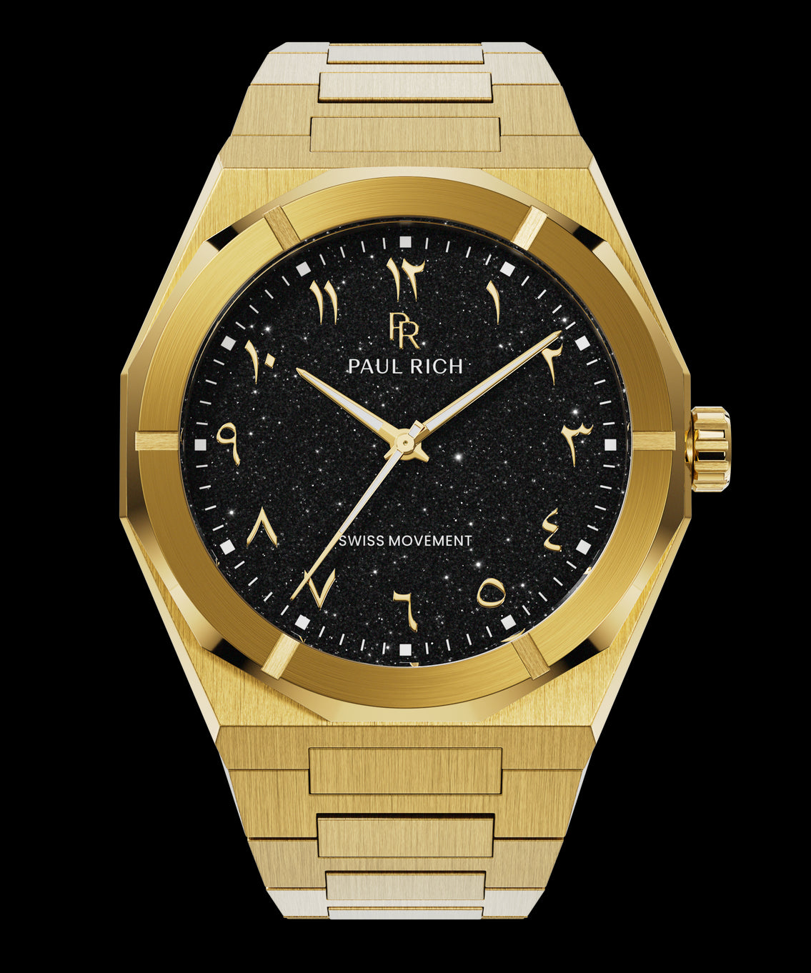 Gold watch with brushed case, black aventurine dial, and Arabic numerals, shown on a transparent background.