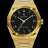 Gold watch with brushed case, black aventurine dial, and Arabic numerals, shown on a transparent background.