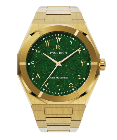 Paul Rich watch with brushed gold case and bracelet, featuring a sparkling green dial with Arabic numerals and gold hands.