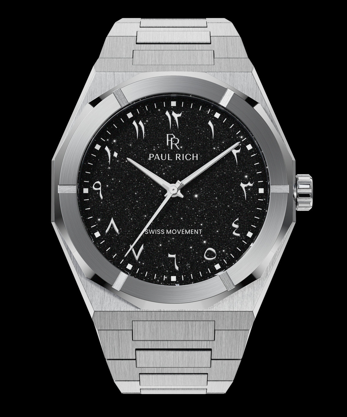 Silver watch with brushed stainless steel case, black aventurine dial, and Arabic numerals, shown on transparent background.