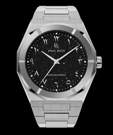 Silver watch with brushed stainless steel case, black aventurine dial, and Arabic numerals, shown on transparent background.