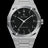 Silver watch with brushed stainless steel case, black aventurine dial, and Arabic numerals, shown on transparent background.