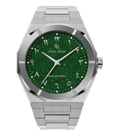 Paul Rich watch with brushed silver case and bracelet, featuring a sparkling green dial and Arabic numerals.