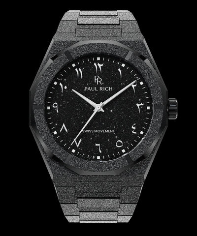 Paul Rich black frosted watch with black aventurine dial, silver Eastern Arabic numerals, and Swiss movement.
