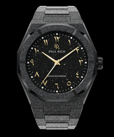 Paul Rich black frosted watch with black aventurine dial, gold Eastern Arabic numerals, and Swiss movement.