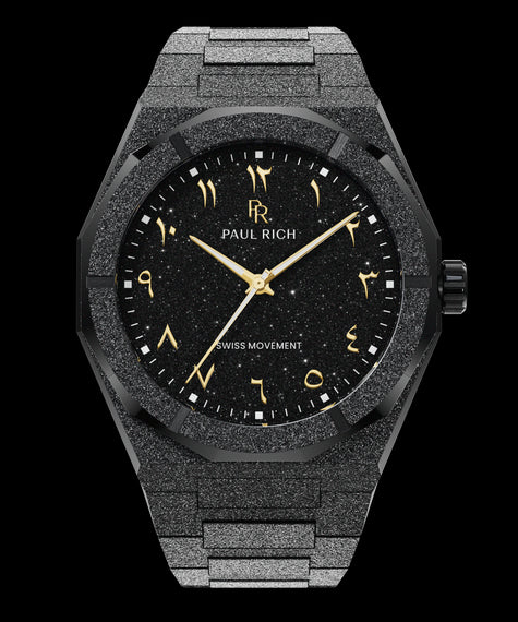 Paul Rich black frosted watch with black aventurine dial, gold Eastern Arabic numerals, and Swiss movement.