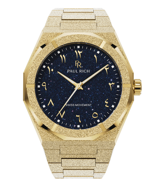 Frosted gold watch with a blue aventurine dial, Arabic numerals, and matching gold hands and bracelet.