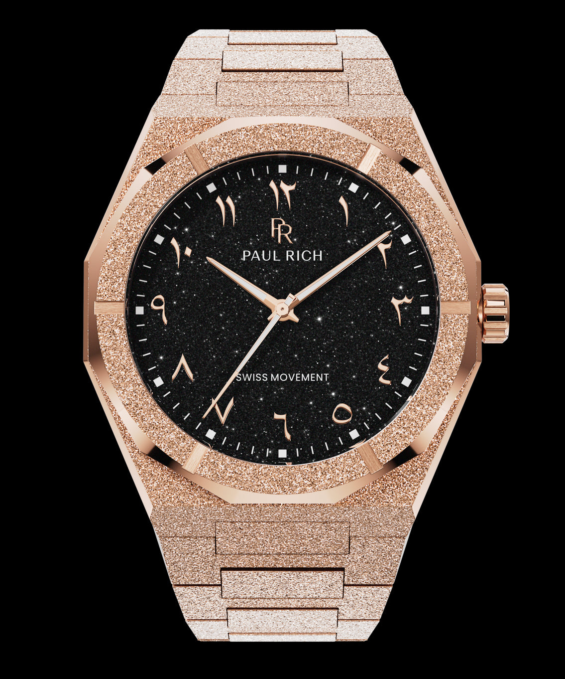Paul Rich rose gold frosted watch with black aventurine dial, rose gold Eastern Arabic numerals, and Swiss movement.