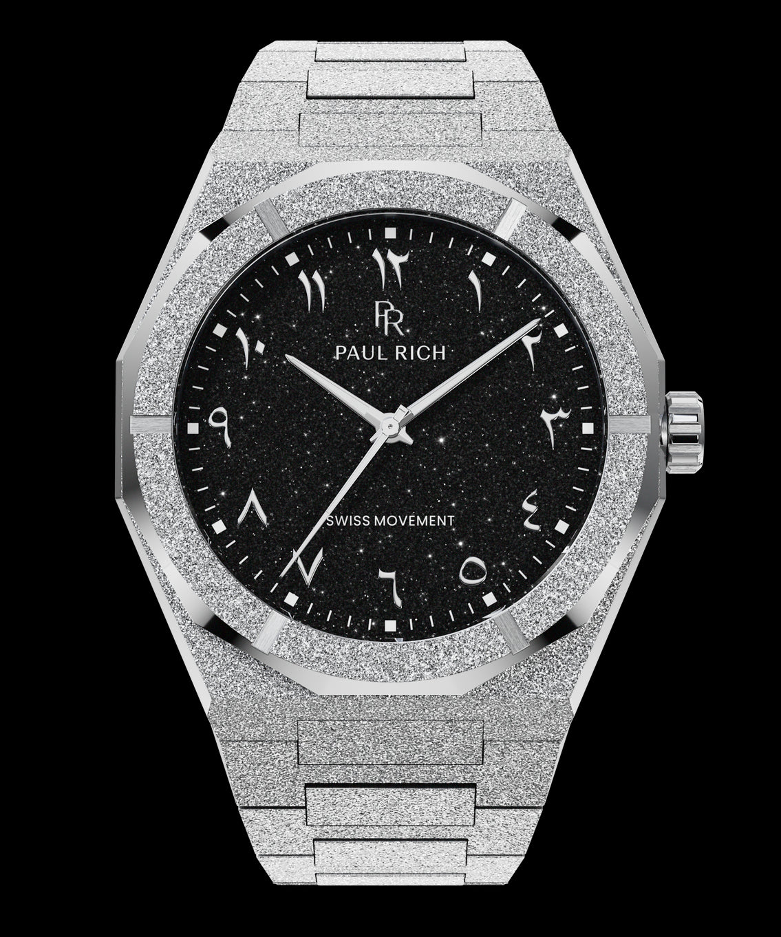 Silver watch with shimmering frosted case, black aventurine dial, and Arabic numerals, displayed on transparent background.