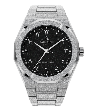 Silver watch with shimmering frosted case, black aventurine dial, and Arabic numerals, displayed on transparent background.