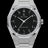 Silver watch with shimmering frosted case, black aventurine dial, and Arabic numerals, displayed on transparent background.