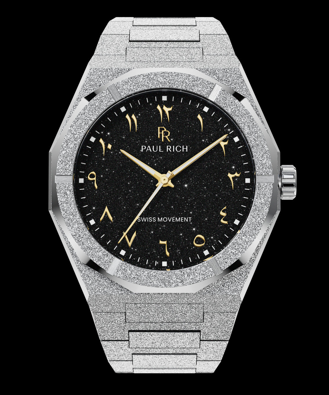 Paul Rich silver frosted watch with black aventurine dial, gold Eastern Arabic numerals, and Swiss movement.
