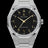 Paul Rich silver frosted watch with black aventurine dial, gold Eastern Arabic numerals, and Swiss movement.