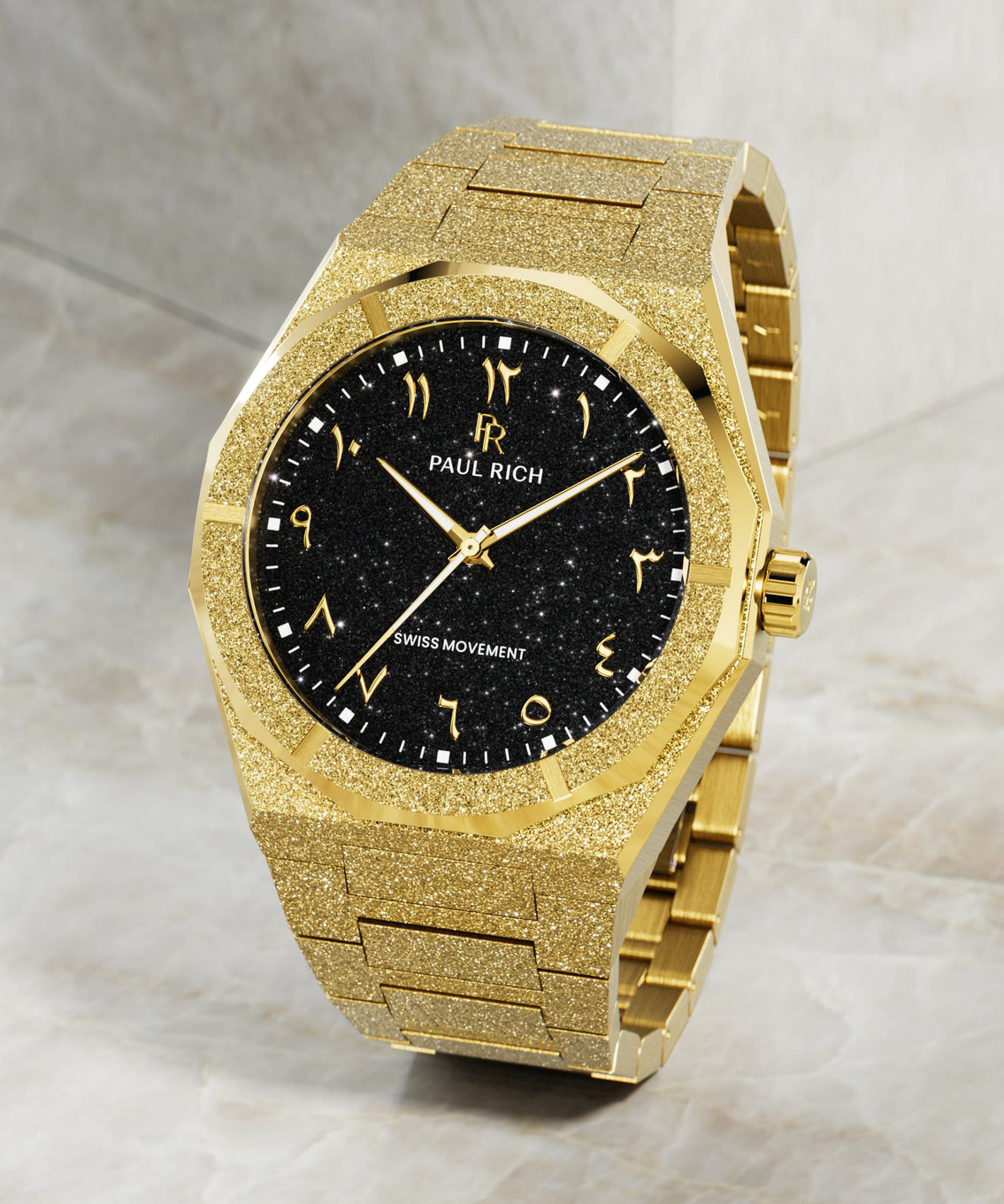 Paul Rich gold frosted watch with black aventurine dial, gold Eastern Arabic numerals, and Swiss movement on gold bracelet.