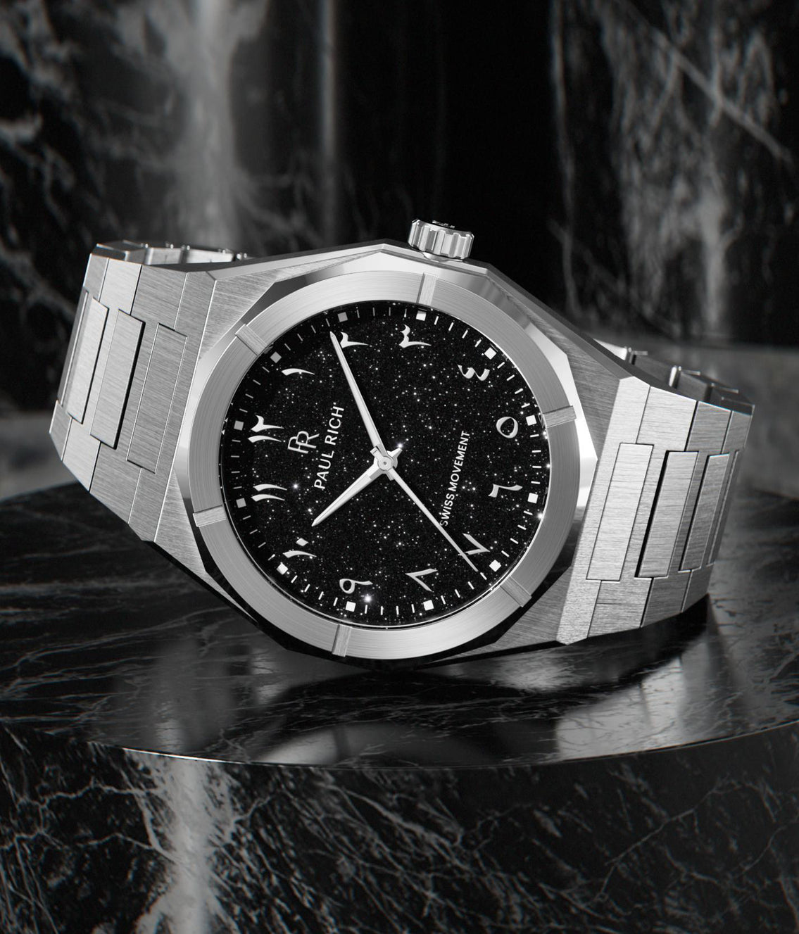 Paul Rich brushed steel watch with black aventurine dial, silver Eastern Arabic numerals, and Swiss movement on steel bracelet.